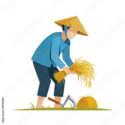 Farmer harvesting rice with sickle, straw hat, agricultural scene