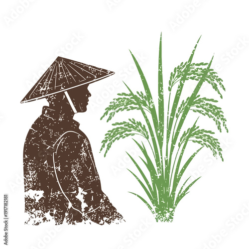 Farmer in conical hat with rice plant, agricultural illustration, grunge style