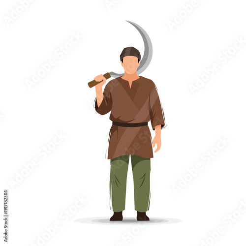 Farmer with sickle, traditional clothing, isolated on white background