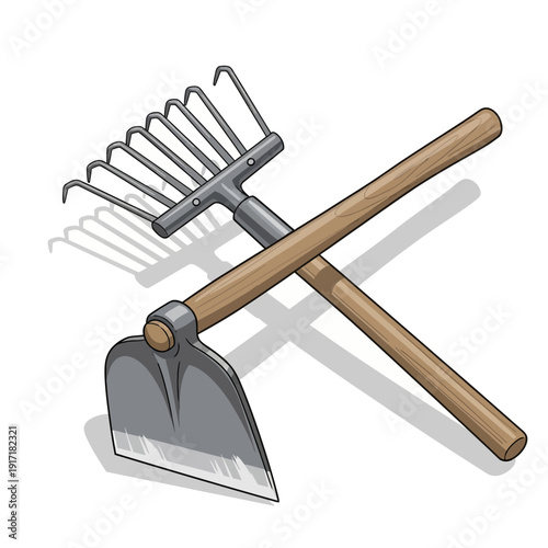 Gardening Tools: Hoe and Rake Crossed, Isolated on White