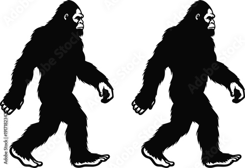 Bigfoot silhouette walking set, mythical Sasquatch creature illustration in side view, cryptid legend figure isolated on light background, wilderness folklore symbol in bold minimalist vector style