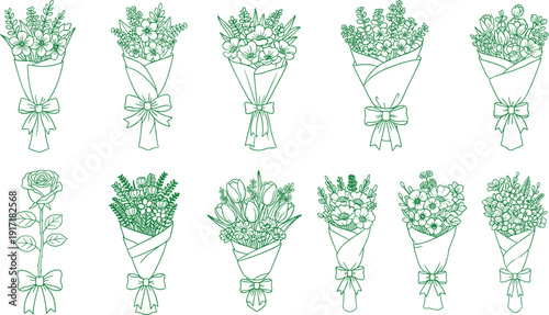 Floral bouquet line art collection featuring wrapped flower arrangements and single rose illustration, elegant botanical design elements for wedding, celebration and decorative use on light background