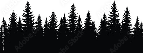 Pine forest silhouette landscape with dense evergreen trees, natural woodland skyline border isolated on light background, minimalist vector illustration representing wilderness, nature scenery