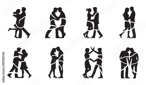 Set of eight black and white vector illustrations portraying couples dancing or embracing