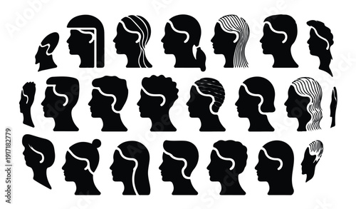 Diverse collection of human head silhouettes from various ages and genders with varied hairstyles