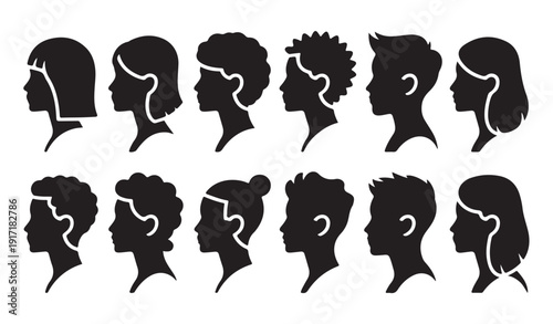 Set of black and white vector silhouettes featuring diverse people in profile view