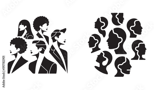 Diverse people group silhouettes with interior cognitive pathways for psychological analysis