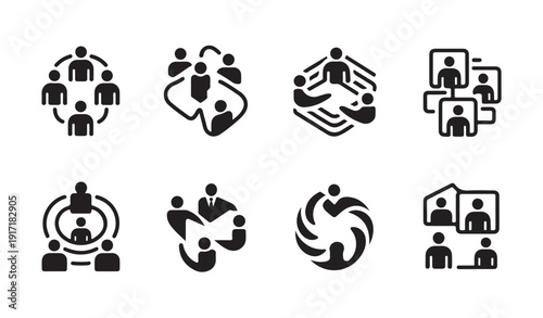 Professional team collaboration icons showing meeting structures and organizational networking