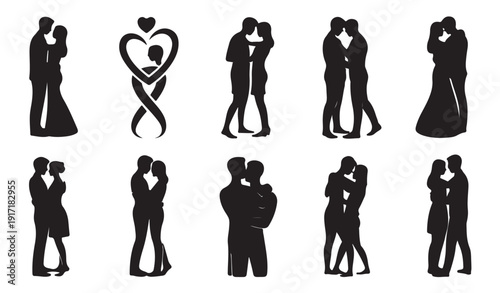Set of black vector romantic couples in various loving poses and embraces