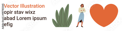 Self-care, wellness, relationships, positivity, personal growth, minimalism. Woman standing near a green plant and heart shape. Self-care and wellness in design elements