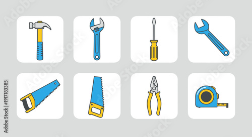 Collection of various hand tools displayed on a clean background viewed from directly above