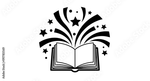 An open book with magical stars and sparks emanating from its pages, symbolizing knowledge and wonder in a whimsical illustration