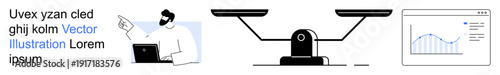 Business strategy, decision-making, analytics, data visualization, weighing options, digital tools. Professional analyzing data, balance scale and performance chart. Decision-making and analytics