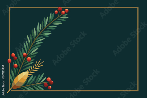 Editable vector border with realistic pine branches and mistletoe corners, perfect for Christmas and holiday designs.