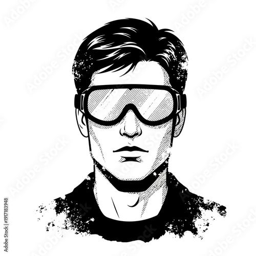 Man wearing protective goggles, black and white illustration