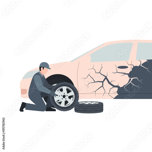 Mechanic changing car tire, cracked vehicle body, repair concept