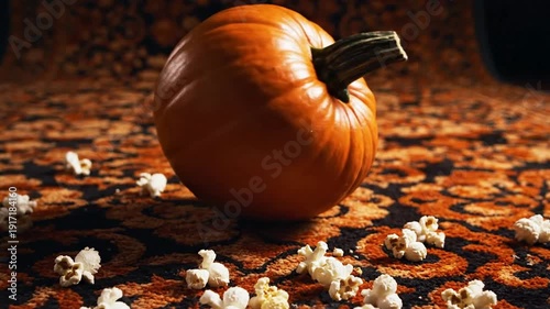Pumpkin on patterned carpet with popcorn.