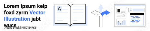 Digital publishing, online learning, education, eBooks, content sharing, data transition. Open book with arrows pointing to a web interface. Digital publishing and online learning concept