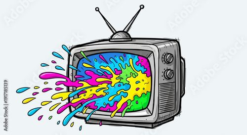 A retro television set with an antenna, its screen exploding with a vibrant splash of colorful paint, depicting a dynamic and artistic burst.