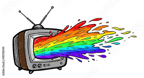 An old-fashioned television set with a vibrant rainbow splash erupting from its screen, illustrating a burst of color and creativity.