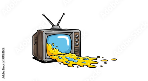 A retro television set with rabbit-ear antennas, spewing yellow goo from its blue screen onto the ground, in a cartoon style.