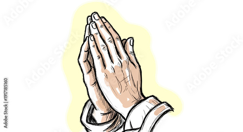 A stylized drawing of two hands pressed together in a prayer gesture, often associated with spirituality and reverence, set against a light background.
