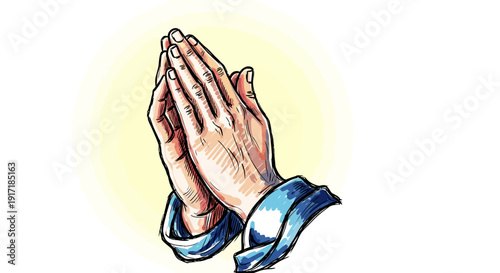 Detailed illustration of two hands pressed together in a prayer or namaste gesture with a light yellow background.