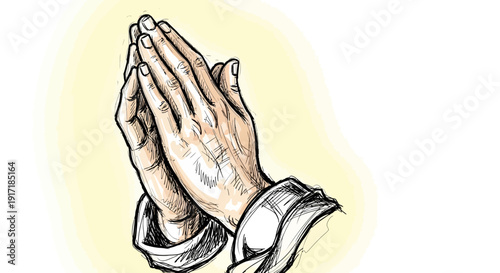Detailed sketch illustration of two hands pressed together in a prayer or namaste gesture, symbolizing spirituality and devotion.