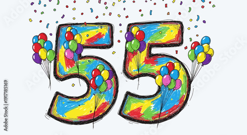 A vibrant, colorful illustration of the number 55 with balloons and confetti, celebrating an anniversary or birthday.