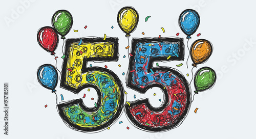 A vibrant, hand-drawn illustration of the number 55, decorated with colorful patterns, surrounded by festive balloons and falling confetti, symbolizing a celebration.
