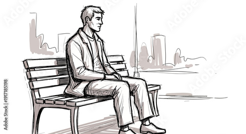 A black and white sketch of a man sitting alone on a park bench with city buildings in the background.