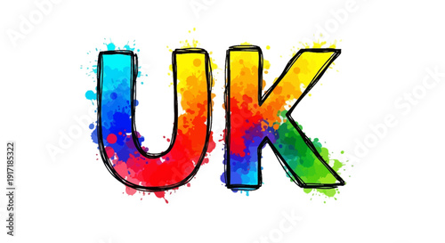 Colorful watercolor letters spelling out the abbreviation UK with vibrant splashes of paint.