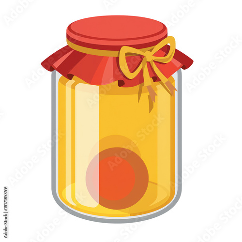 A cartoon illustration of a jar with a red lid and yellow ribbon