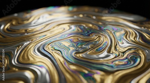 Abstract gold and silver liquid swirling on a dark background creating an iridescent pattern for luxury design concept and fluid technology