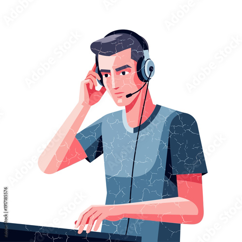 Man wearing headset, focused on computer desk, digital art illustration