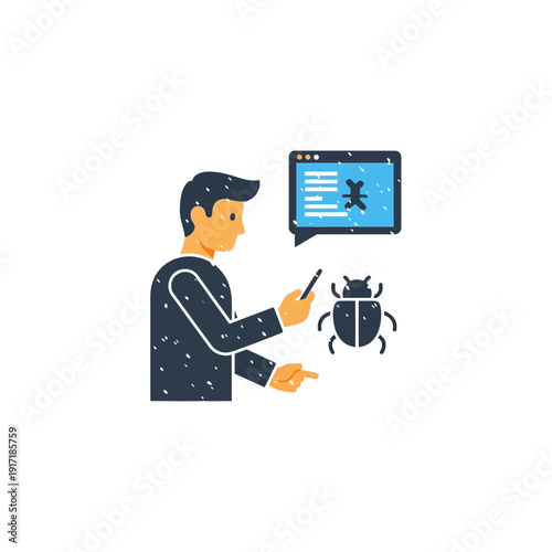 Programmer debugging software, identifying code bug icon