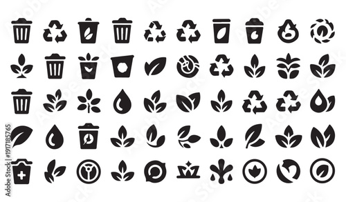 Diverse collection of black icons for recycling sustainability nature and waste management