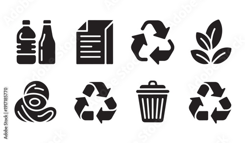 Recycle symbols water drops leaves bottles document and trash bin icons