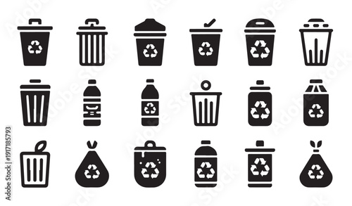 Trash bin icons for recycling with garbage bag and plastic bottle symbols on white background