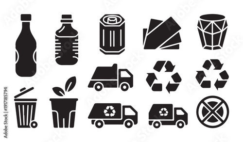 Recycle icons set with waste management symbols and garbage truck silhouettes in black color