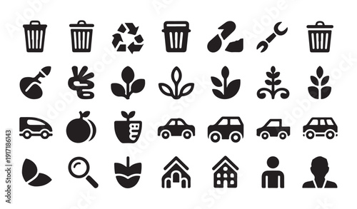 Eco lifestyle icons with plants cars and recycling symbols