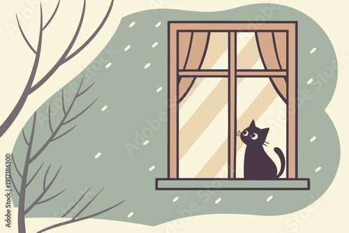 Curious black cat peers out from a cozy window overlooking a snowy winter scene