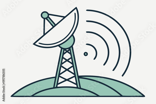 Abstract flat vector illustration of a communication tower broadcasting wireless signals across a stylized landscape
