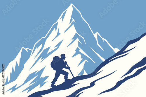 Determined hiker with backpack climbing a towering snow-capped mountain on an icy slope