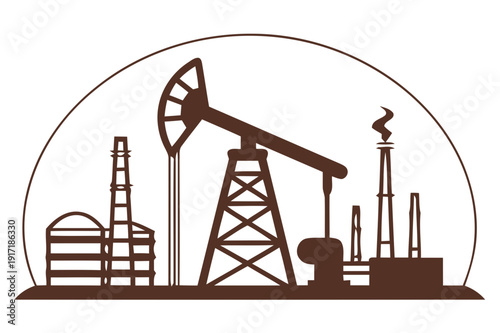 Minimalist flat vector illustration of an industrial oil extraction site with pumpjack and refinery