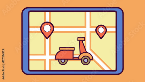Orange scooter navigating a city map with location pins