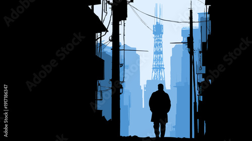 Solitary figure walking through a moody, blue urban cityscape towards a distant industrial tower