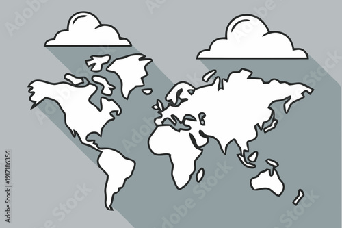 Stylized world map illustration with clouds and shadows, flat vector design