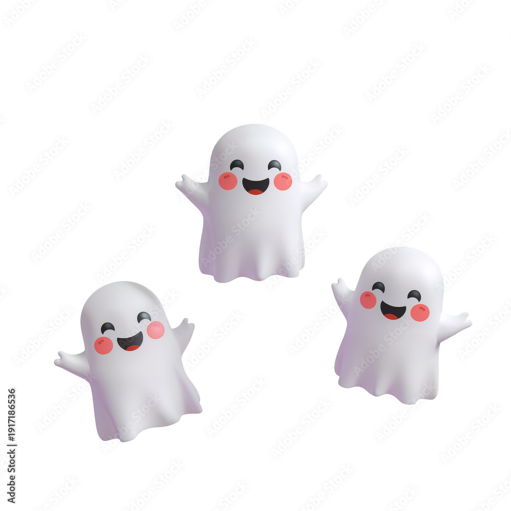 Fototapeta premium Three happy cartoon ghosts with rosy cheeks on black background