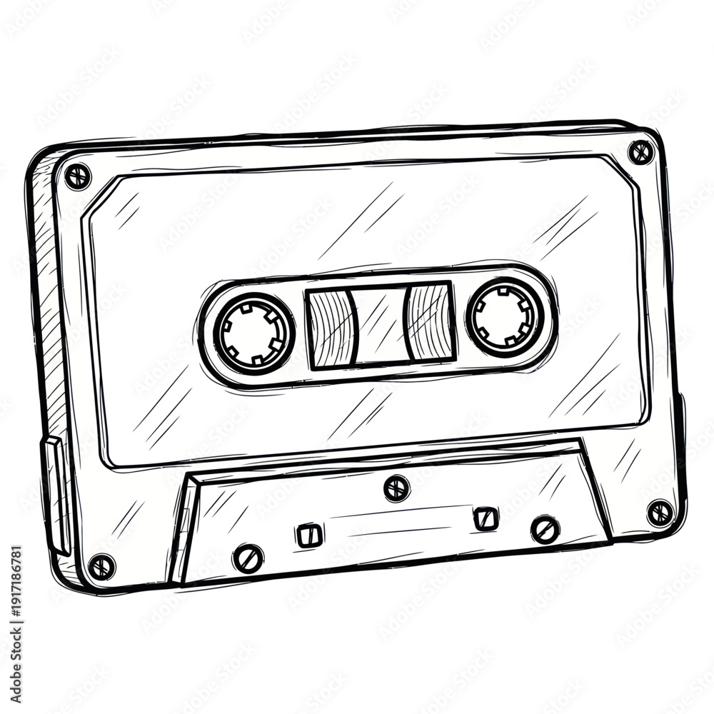 Fototapeta premium Retro cassette tape sketch, vintage audio recording, analog music storage